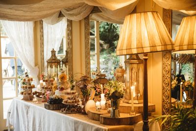 Cakes on Table inside Victorian Marquee