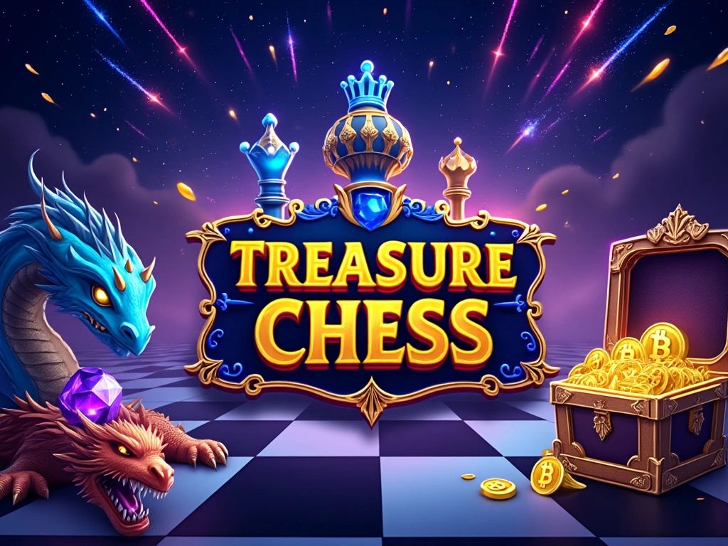 Fantasy-themed Treasure Chess game with dragons and treasure chest filled with bitcoins.