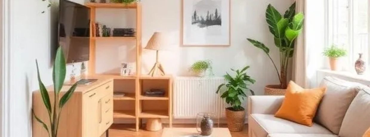 Bright living room with plants, wooden furniture, and a cozy sofa with an orange pillow.