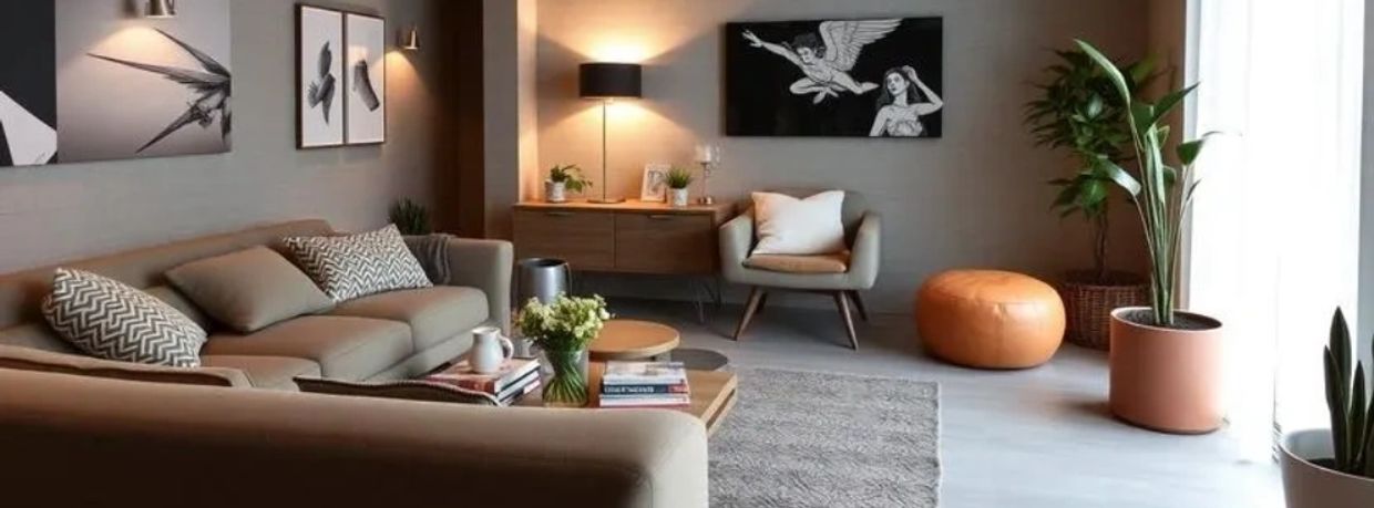 Cozy modern living room with neutral tones and artistic decor.
