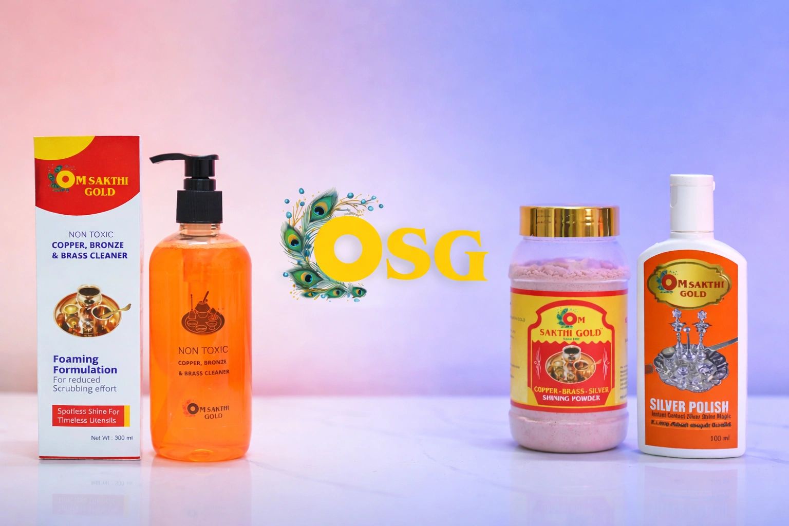 Various Om Sakthi Gold cleaning products for copper, brass, and silver polishing.