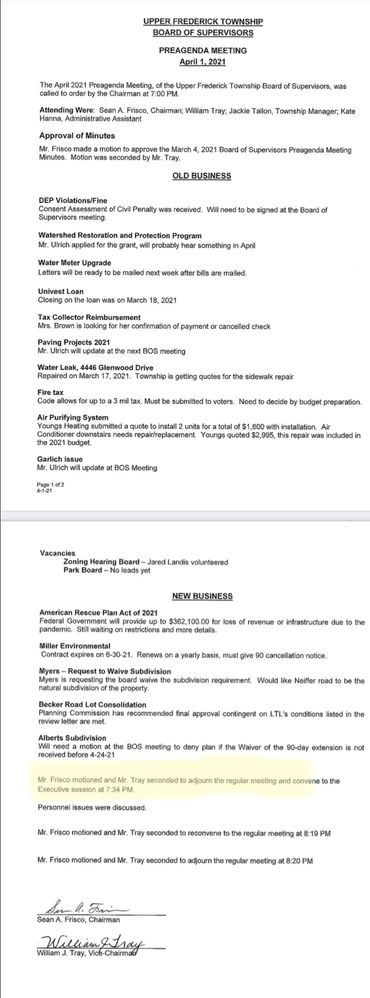 Minutes from Upper Frederick Township Board of Supervisors Preagenda Meeting on April 1, 2021.