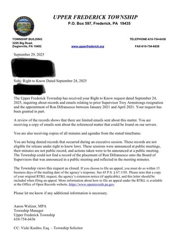 Official letter from Upper Frederick Township addressing a Right to Know request about a supervisor's resignation and appointment.