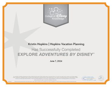 Certificate of completion for Kristin Hopkins in Explore Adventures by Disney.