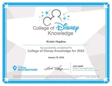 Certificate for completing College of Disney Knowledge in 2026.