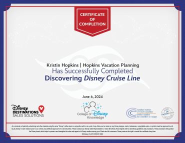 Certificate for completing Discovering Disney Cruise Line.