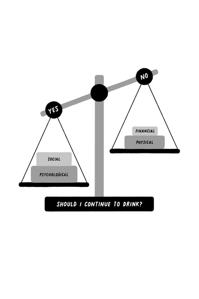A balance scale weighing pros and cons of drinking, with 'Yes' outweighing 'No'.