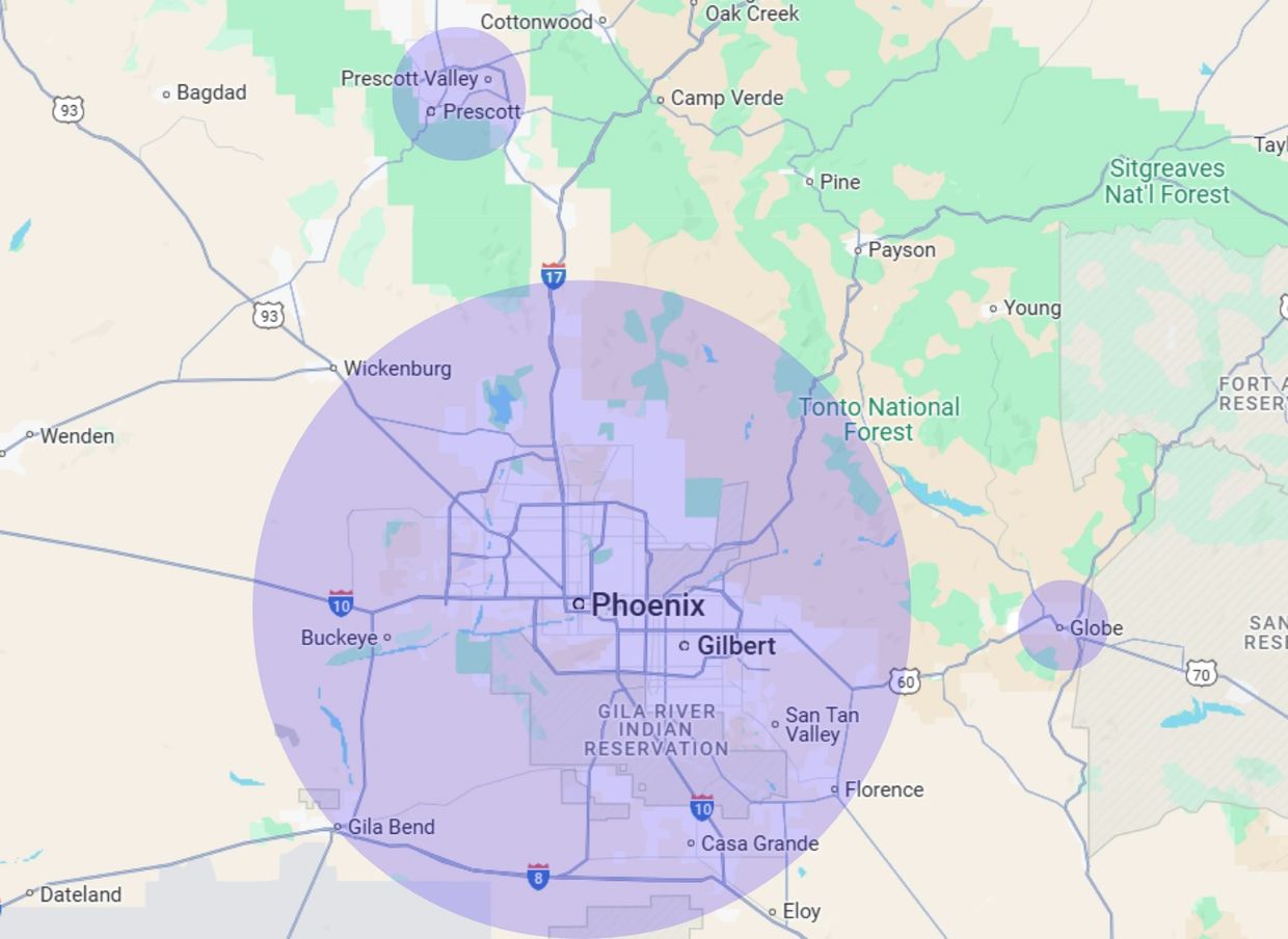 RV eagle RV Repair Service area map. Phoenix Valley RV repair. Aqua-hot, Onan, electrical, inverters
