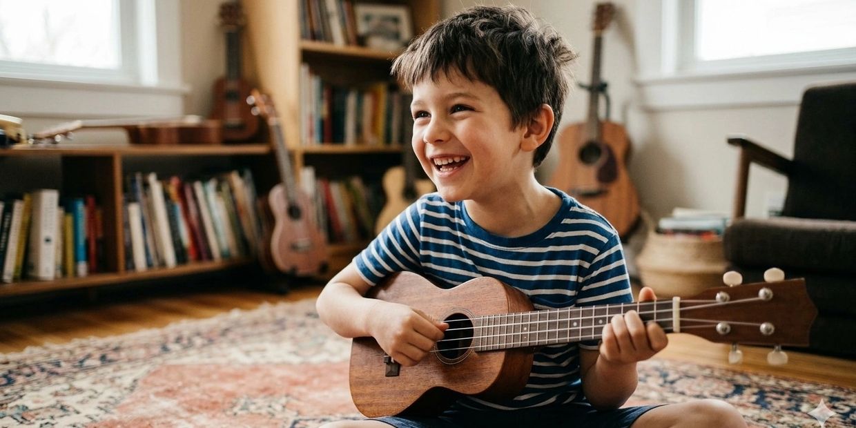 Young boy happily playing a ukulele in a cozy room filled with guitars and books.