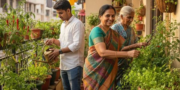 Three generations gardening together on a balcony with vibrant green plants.