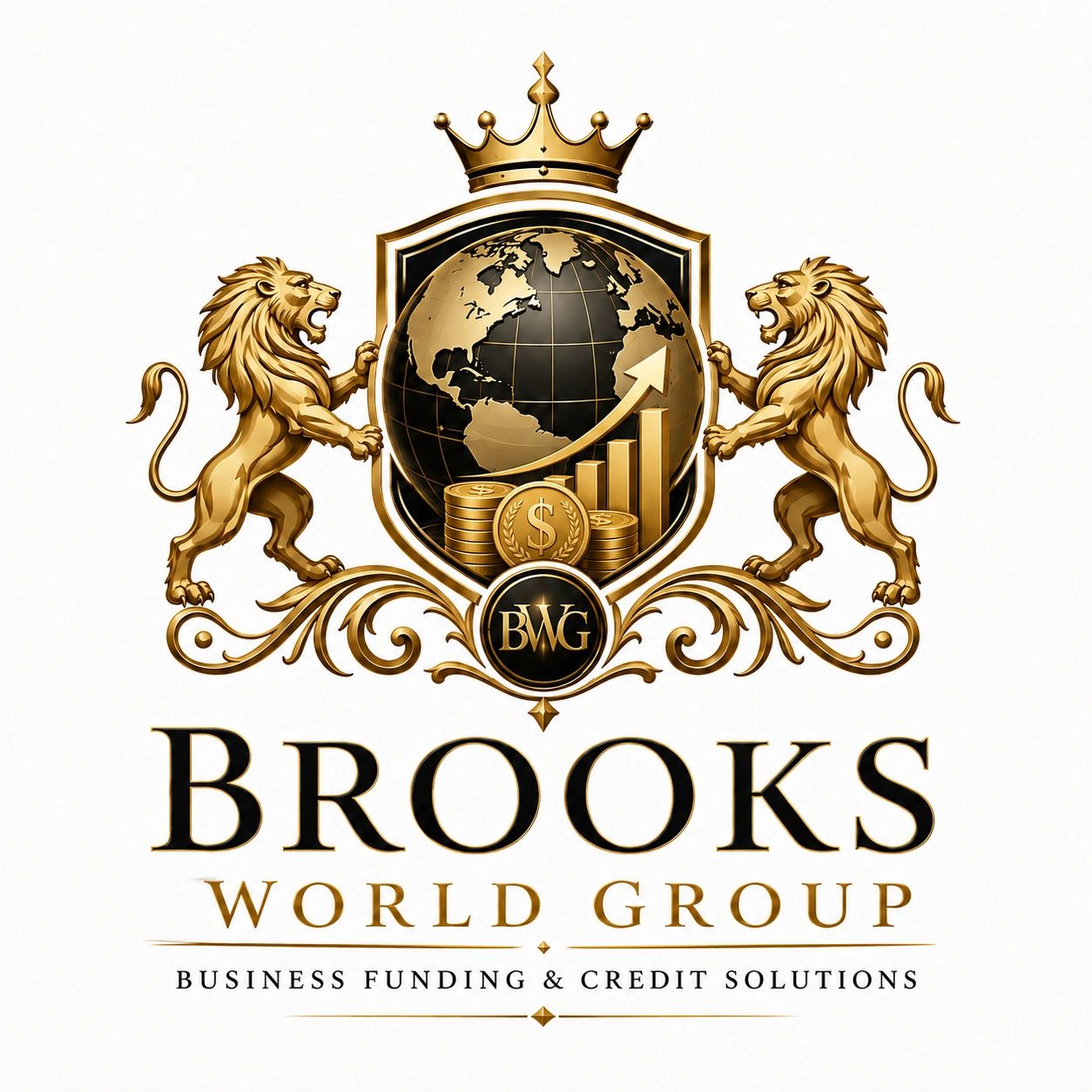 Luxurious gold business logo with lions and globe.