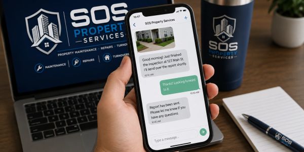 A person holding a phone showing a property inspection chat with SOS Property Services.