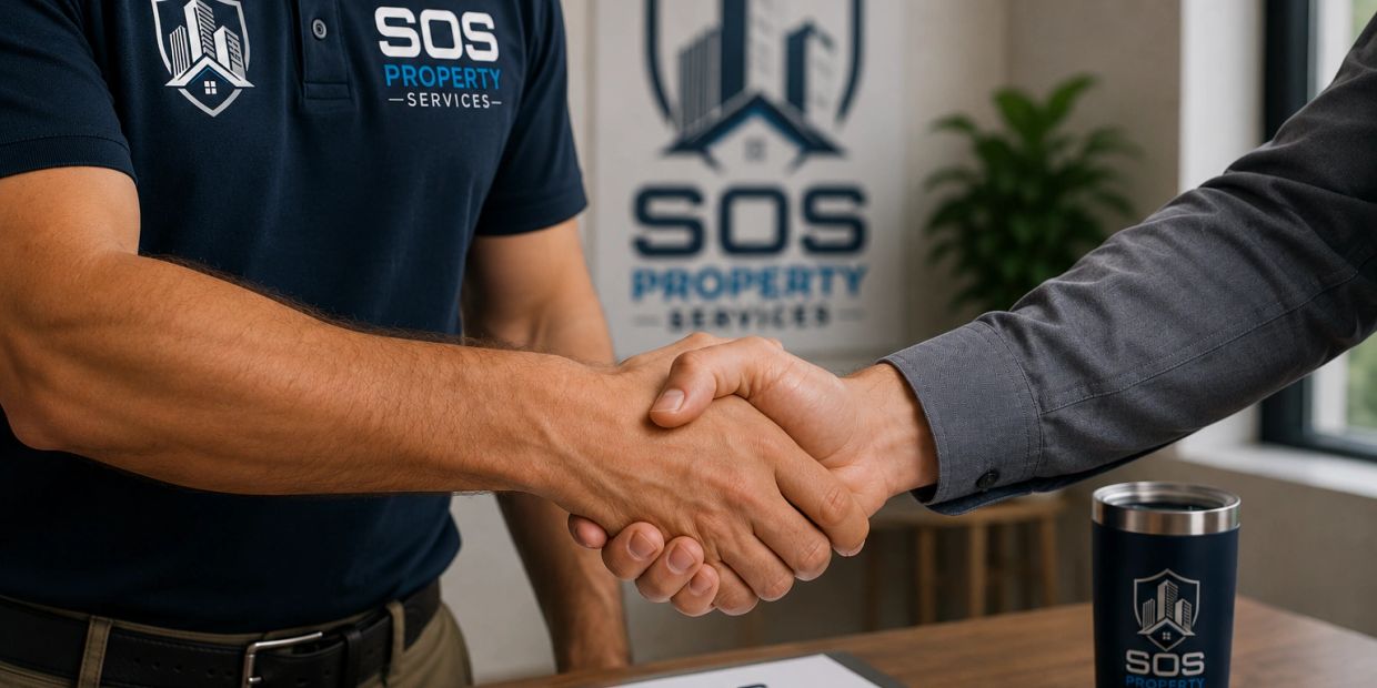 Two people shaking hands over an SOS Property Services contract.