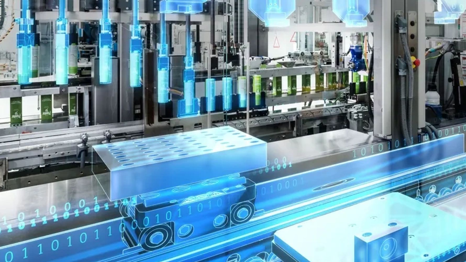 Digital twin technology visualizing a smart factory production line.