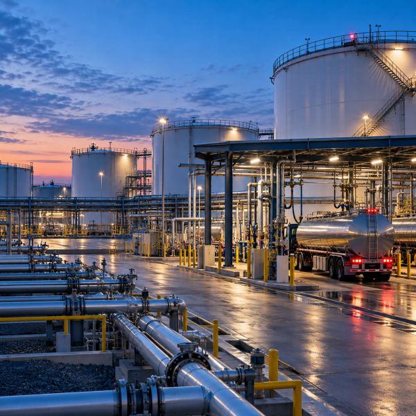 Industrial fuel storage tanks and tanker truck at dusk.