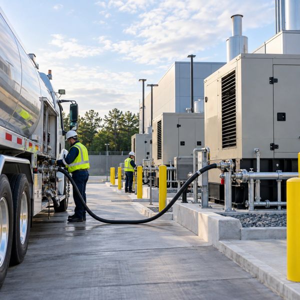 Workers fueling trucks at an industrial site.