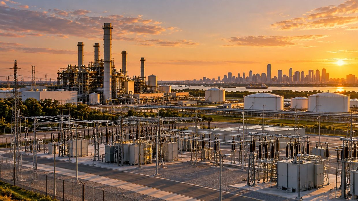 Industrial power plant at sunset with city skyline in the background.