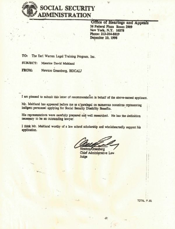 A letter of recommendation from Chief Administrative Law Judge Newton Greenburg