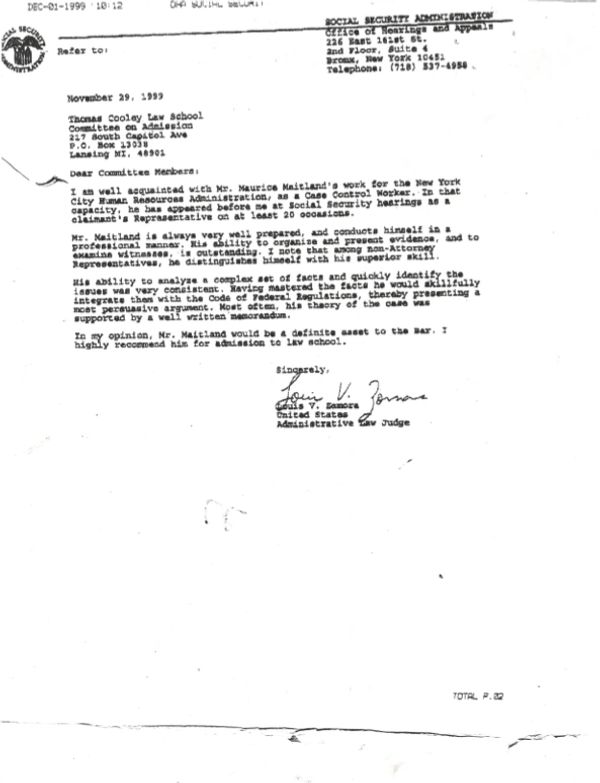 Letter of Recommendation from Administrative Law Judge Louis Zamora