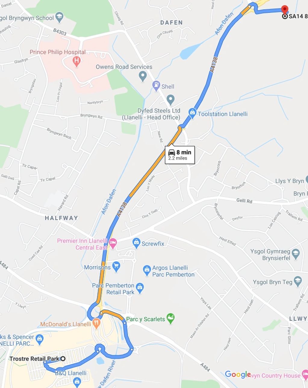 Coming from Trostre Retail Park