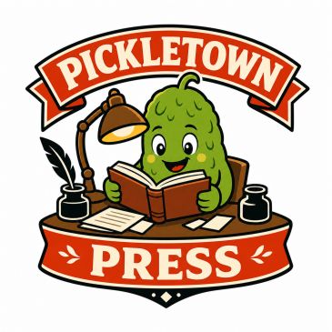 Pickletown Press logo with a pickle reading a book.