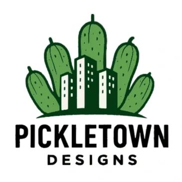 Logo featuring pickles and buildings with text Pickletown Designs.