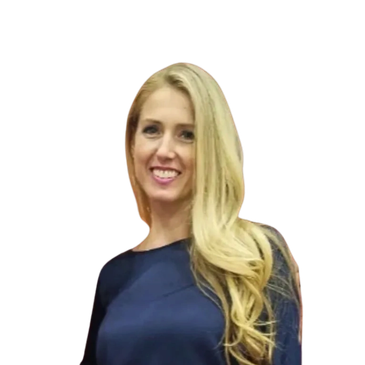 Smiling woman with long blonde hair wearing a dark blue top.