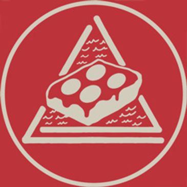 Logo with pizza slice inside a triangle on red background.