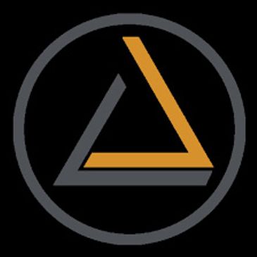 Abstract triangular logo with gray and orange colors inside a circle.
