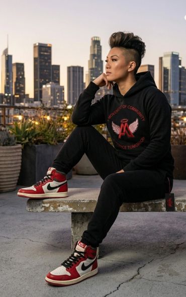 Person in urban setting wearing black hoodie and red-white sneakers.
