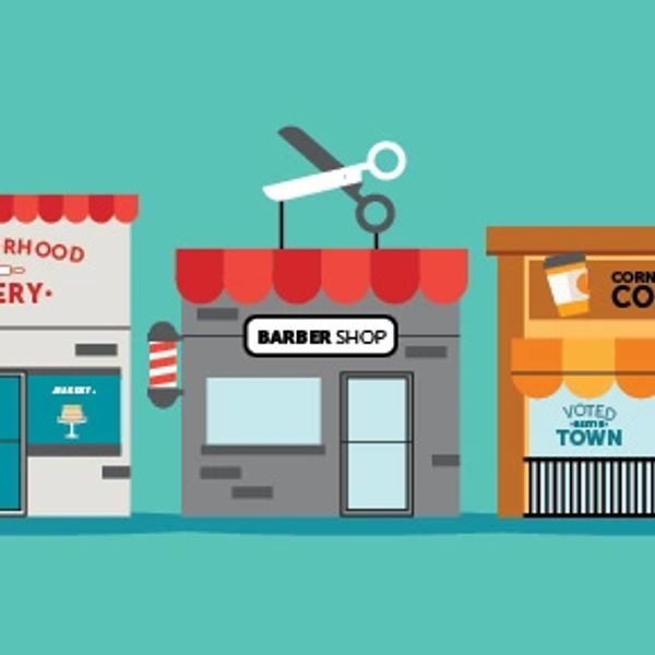 Cartoon illustration of a barber shop between two other shops with a giant scissors sign.