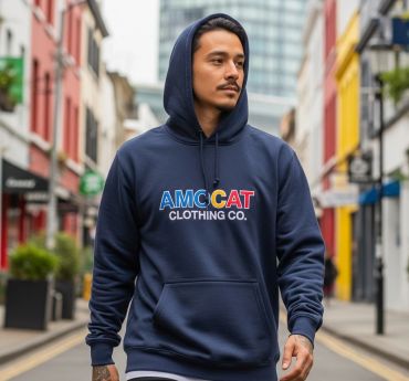 Man wearing navy blue AMC CAT hoodie.