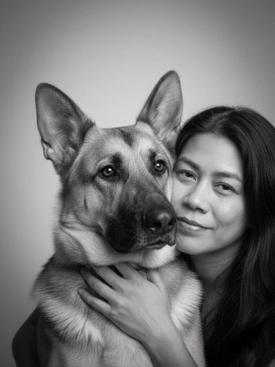 Woman lovingly embraces her German Shepherd dog in a black and white portrait.