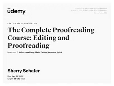 Sherry Schafer Complete Proofreading Certificate