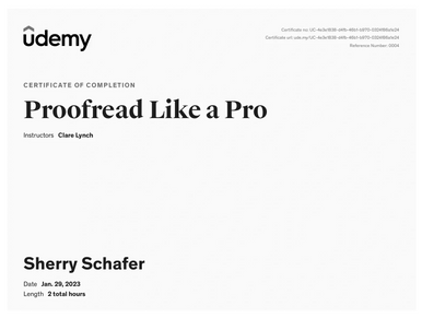 Sherry Schafer Proofread Like a Pro Certificate