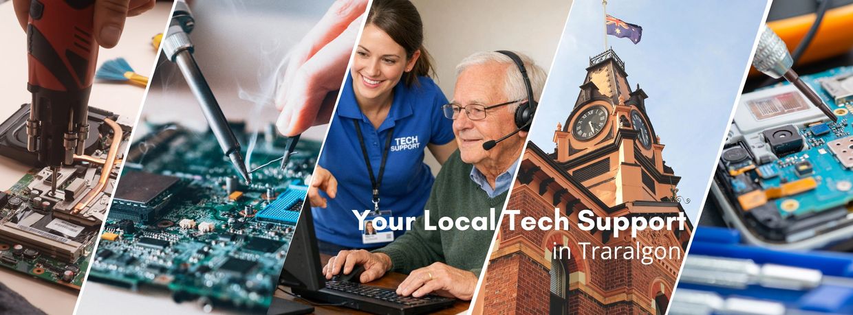 Collage showcasing tech repair, support, and Traralgon landmark.