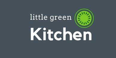 Square grey box logo background, Little Green Kitchen in white lettering & a green slice of cucumber