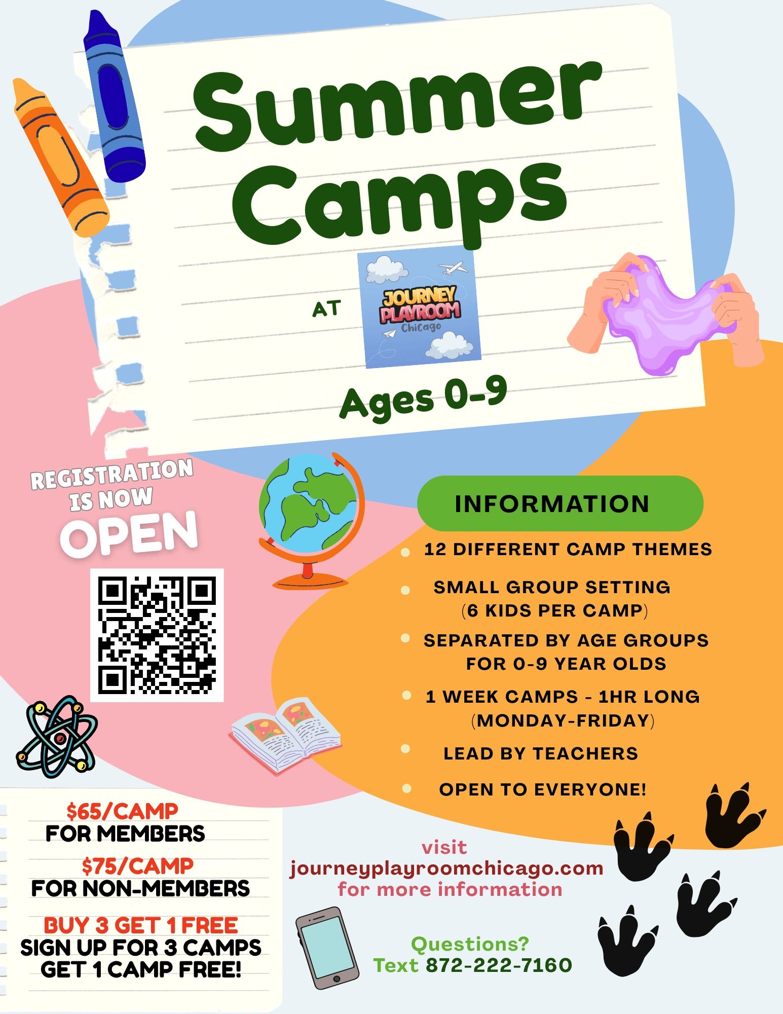 Flyer for Journey Playroom summer camps for ages 0-9 with registration details.