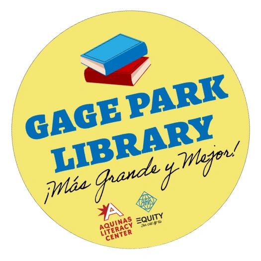 Logo of Gage Park Library with books and Spanish slogan.
