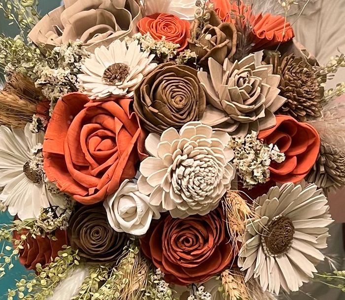 Fall bridal bouquet in shades of rust, tan and white