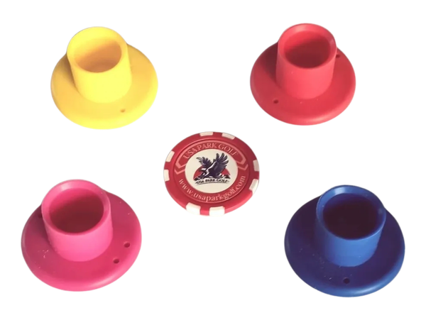 Colorful plastic park golf tees and a USA Park Golf ball marker. Starting at $10.50 a set.