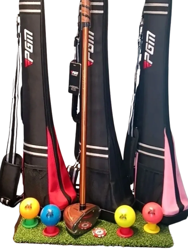 Park Golf clubs with colorful balls and black PGM bags.