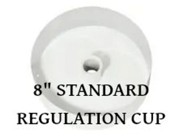 A plastic 8" Regulation size Park Golf Cup with built in flag stick holder.