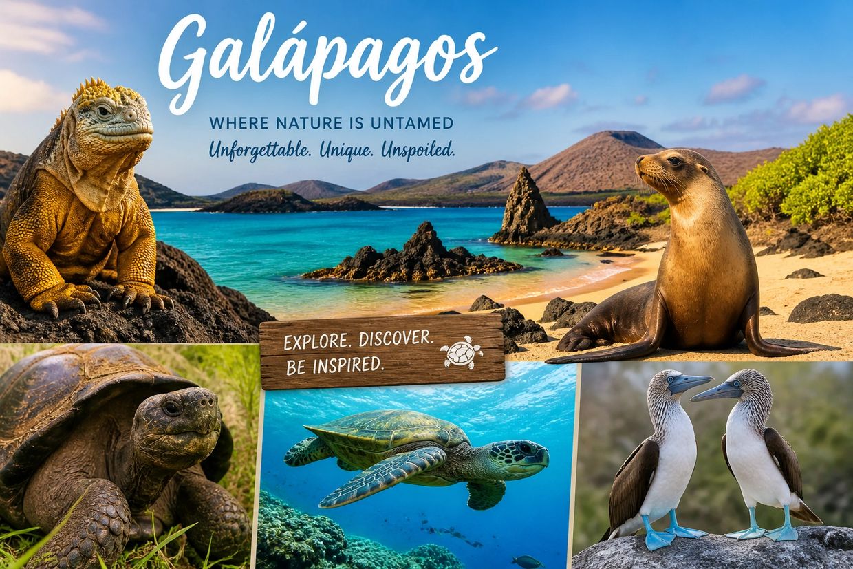 Galápagos wildlife including iguana, sea lion, tortoise, turtle, and blue-footed boobies in natural habitats.