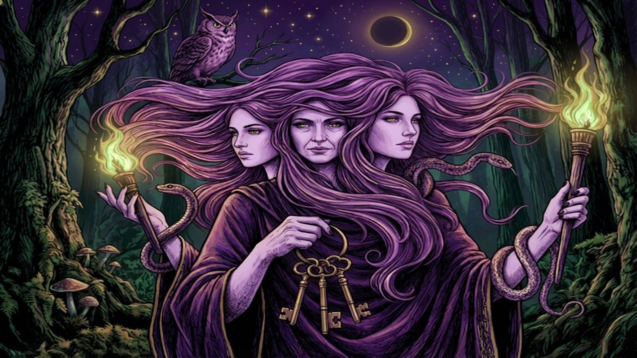 Hekate triple goddess Hecate witches Hekate symbols snake keys torches dark moon dark goddess ritual