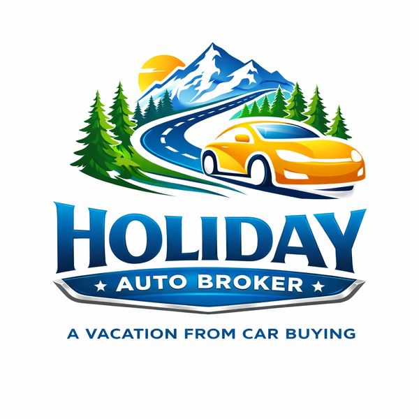 Holiday Auto Broker logo with a yellow car, mountain, and road illustration.