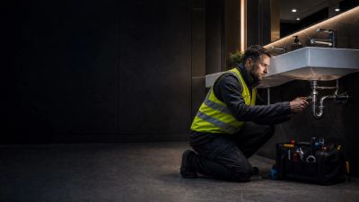 Plumber fixing pipe under sink in dark room.