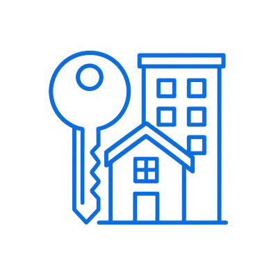 Blue line art of house, building, and key.