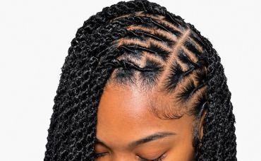 Intricately braided and twisted black hair.