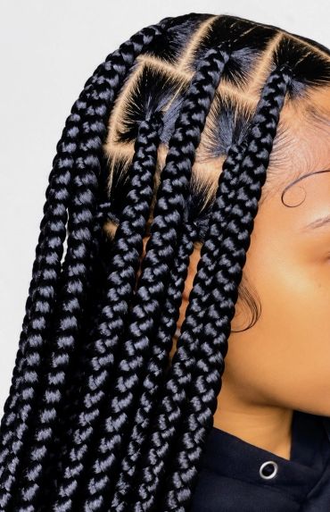 Close-up of box braids with clean parts.